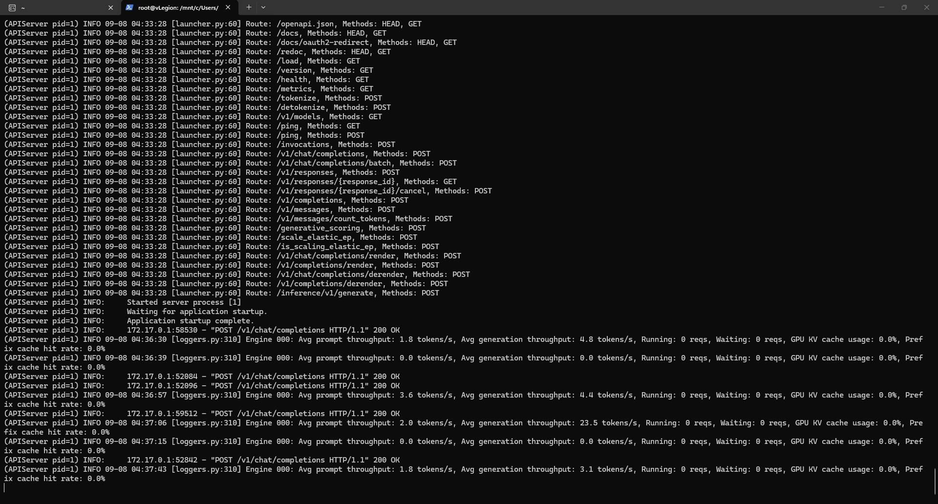 vLLM application startup complete and request logs